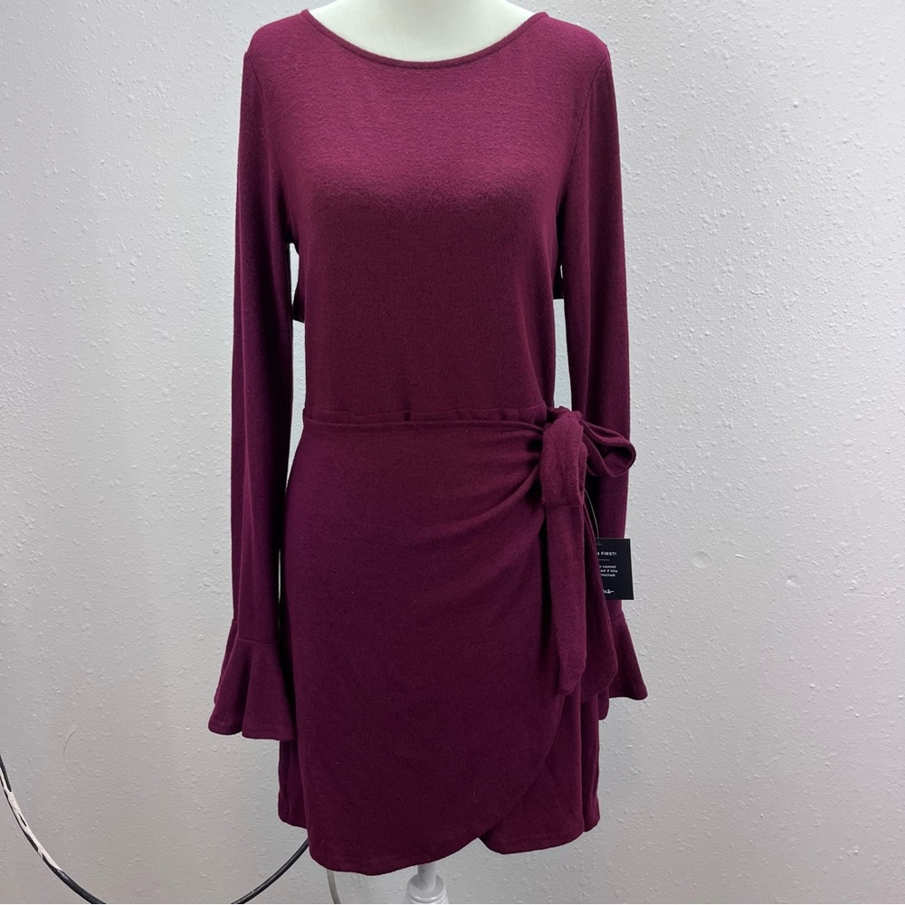 Lulus Dress Womens Medium Sheath Ruffle Long Sleeve Wrap Burgundy